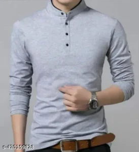 Men’s Grey Henley T-Shirt – Long Sleeve Slim Fit Tee