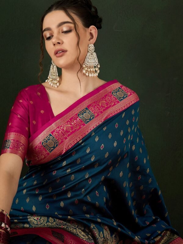 Navy Blue Banarasi Silk Saree – With Pink Contrast Blouse