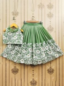 Girls Green Embroidered Lehenga Set – Party & Wedding Wear