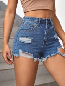 Womens High Rise Denim Shorts – Ripped & Frayed Hem Style
