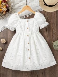 Girls White Cotton Dress – Eyelet Design & Puff Sleeves