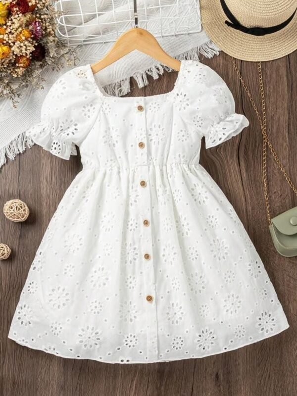 Girls White Cotton Dress – Eyelet Design & Puff Sleeves