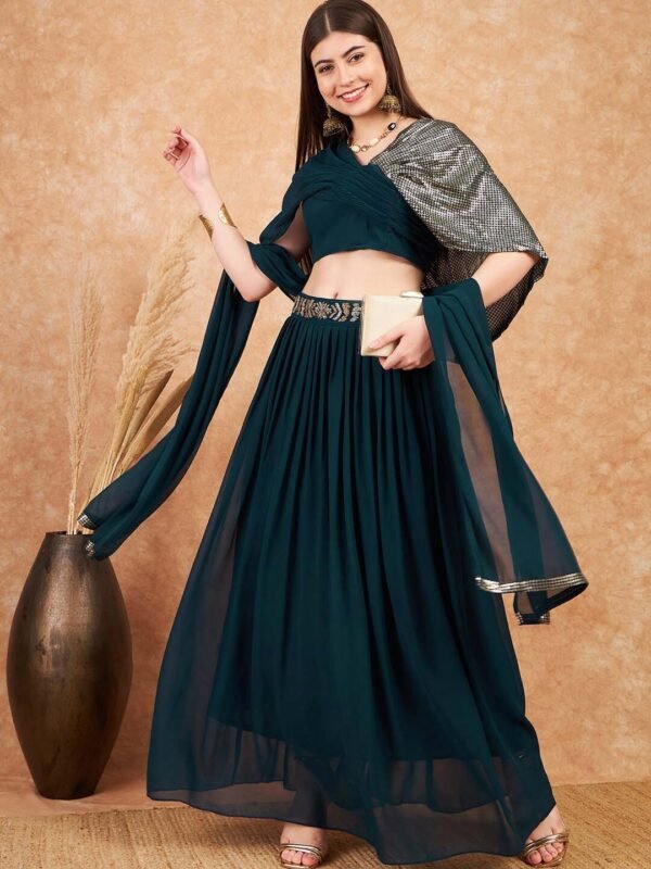 Womens Teal Lehenga Choli – Embellished Blouse & Dupatta
