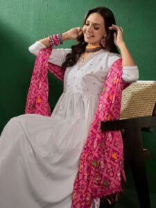 Womens White Anarkali Kurta Set – With Pink Printed Dupatta