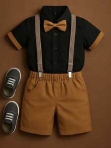 Boys Suspender Shorts Set – Bow Tie Party Outfit