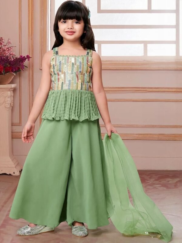 Girls Green Ethnic Set – Peplum Top & Sharara with Dupatta